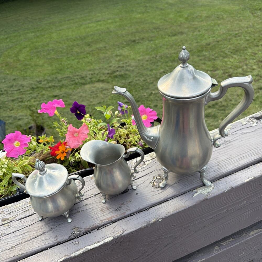 Vintage W.E.B. 1136 Pewter Coffee Tea Set Pot Creamer Sugar Bowl Footed 3 Pc